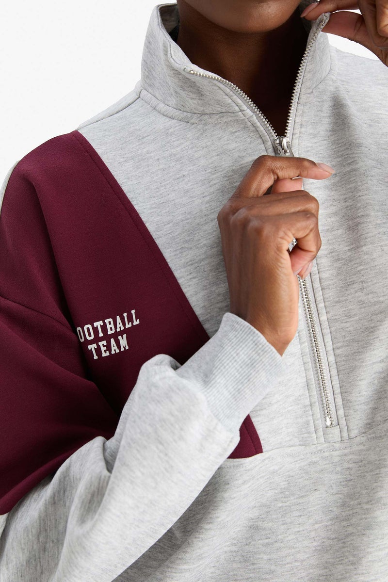 DeFacto Grey Woman DeFactoFit Oversize Loose Fit Half Zip-Up Scuba Fabric Sports Sweatshirt Casual - Image 5